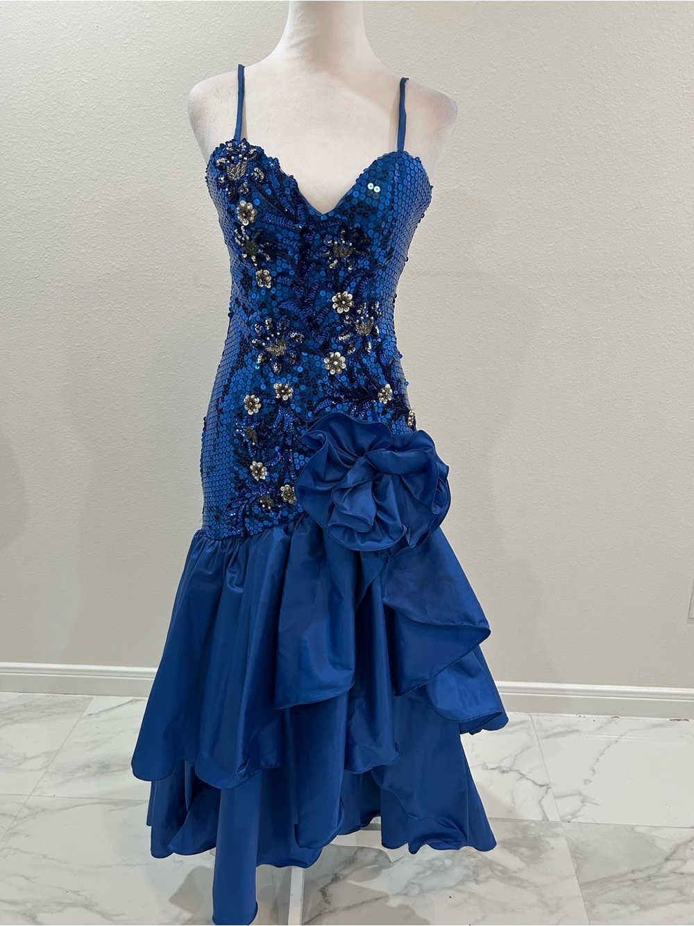 Alyce Designs 80’s Vintage Royal Blue Sequin Mermaid Gown with Floral Appliqué